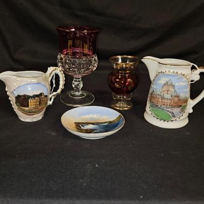 Lot of 5 Antique Souvenir Trinkets, Cranberry Wine Glass and Ruby Bud Vase