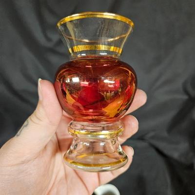Lot of 5 Antique Souvenir Trinkets, Cranberry Wine Glass and Ruby Bud Vase