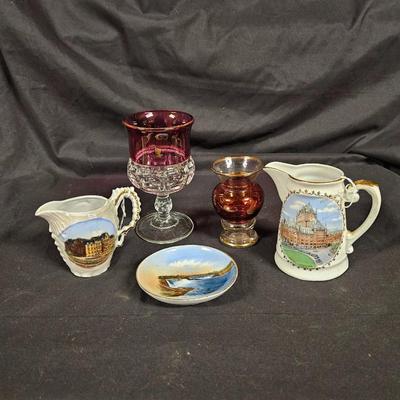Lot of 5 Antique Souvenir Trinkets, Cranberry Wine Glass and Ruby Bud Vase