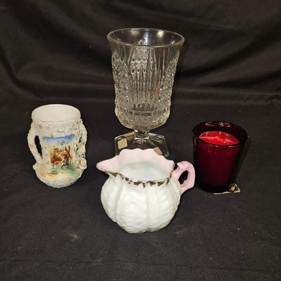Lot of 4 Vintage Items Including Water Glass from 1880, Creamer, Ruby Votive Candle Holder and Vase
