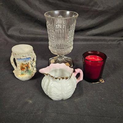 Lot of 4 Vintage Items Including Water Glass from 1880, Creamer, Ruby Votive Candle Holder and Vase