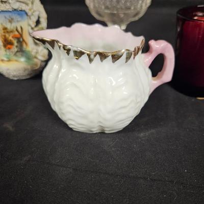 Lot of 4 Vintage Items Including Water Glass from 1880, Creamer, Ruby Votive Candle Holder and Vase