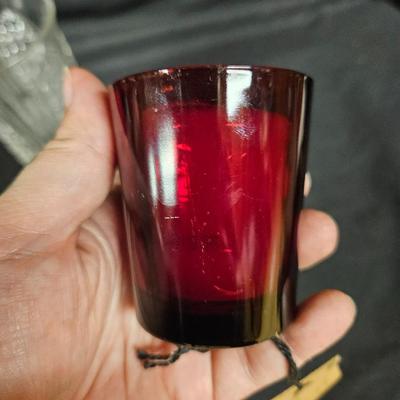 Lot of 4 Vintage Items Including Water Glass from 1880, Creamer, Ruby Votive Candle Holder and Vase