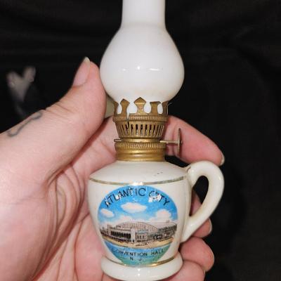 Lot of 5 Nautical Souvenir Items Including Mini Atlantic City Oil Lamps, Wildwood Bell, and Florida Shell Basket