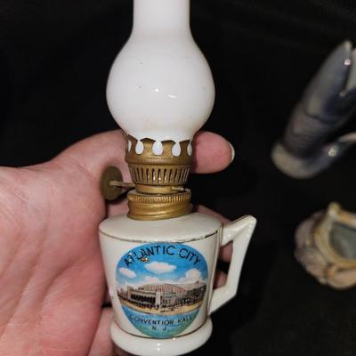 Lot of 5 Nautical Souvenir Items Including Mini Atlantic City Oil Lamps, Wildwood Bell, and Florida Shell Basket