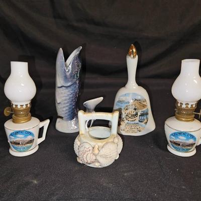 Lot of 5 Nautical Souvenir Items Including Mini Atlantic City Oil Lamps, Wildwood Bell, and Florida Shell Basket