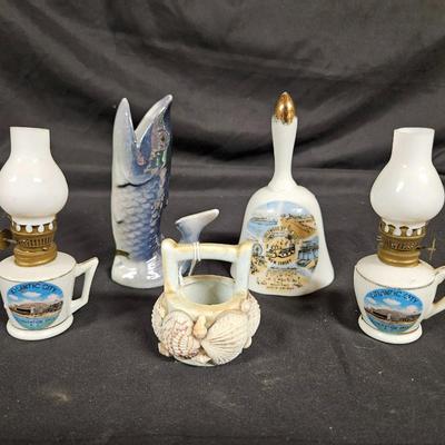 Lot of 5 Nautical Souvenir Items Including Mini Atlantic City Oil Lamps, Wildwood Bell, and Florida Shell Basket