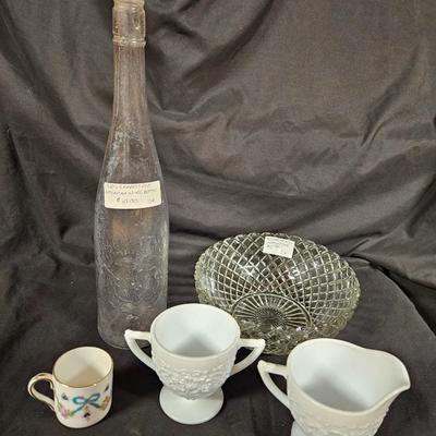 Lot of 5 Antique Items Including Fenton Sugar & Creamer, 1920's Wine Bottle and Anchor Hocking Bowl