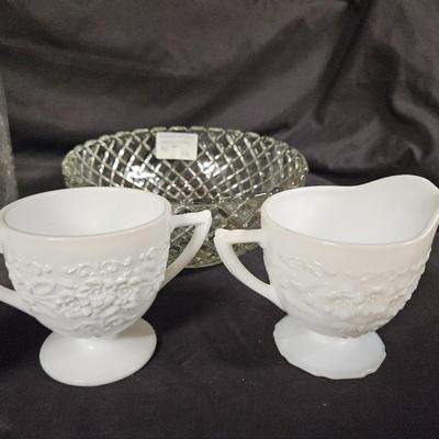 Lot of 5 Antique Items Including Fenton Sugar & Creamer, 1920's Wine Bottle and Anchor Hocking Bowl