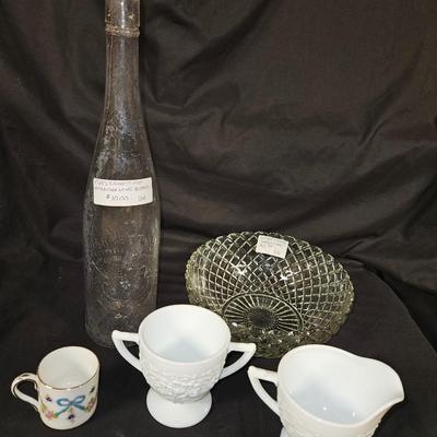 Lot of 5 Antique Items Including Fenton Sugar & Creamer, 1920's Wine Bottle and Anchor Hocking Bowl