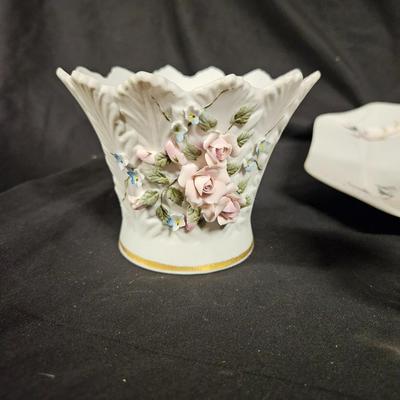 Lot of 4 Vintage Items Including Lefton Style Vase/Bowl, Decorative Plate and Salt Shaker