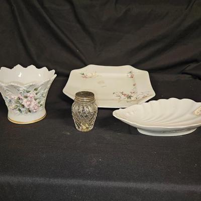 Lot of 4 Vintage Items Including Lefton Style Vase/Bowl, Decorative Plate and Salt Shaker