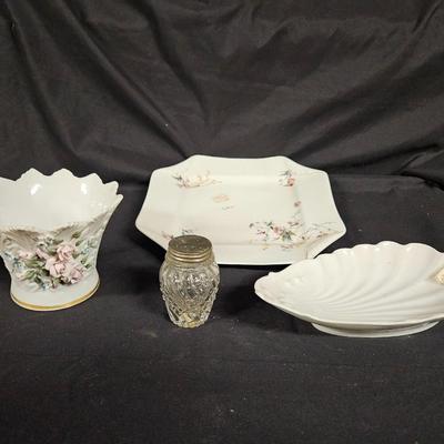 Lot of 4 Vintage Items Including Lefton Style Vase/Bowl, Decorative Plate and Salt Shaker
