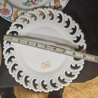 Lot of 4 Decorative Plates including Milk Glass Lace Dish