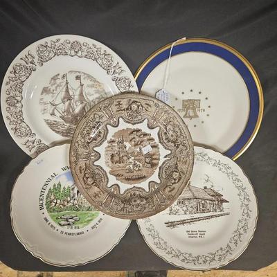Lot of 5 Antique Decorative Plates Including Lenox Bicentennial Plate, Brown Transferware and Mayflower