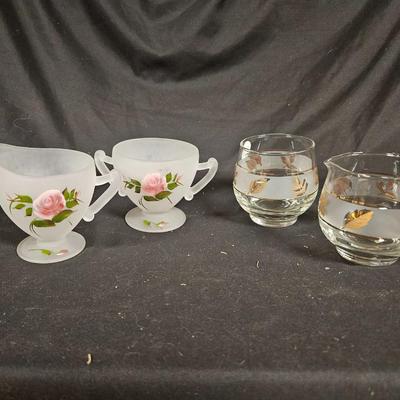 Lot of 4 Creamer & Sugars Including Hand Painted Depression Frosted Glass and Libbey Golden Foilage