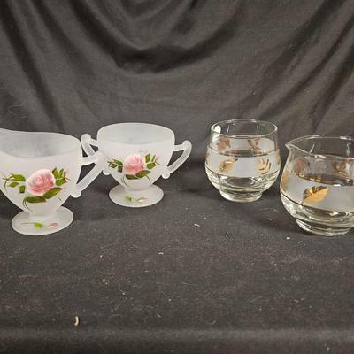 Lot of 4 Creamer & Sugars Including Hand Painted Depression Frosted Glass and Libbey Golden Foilage