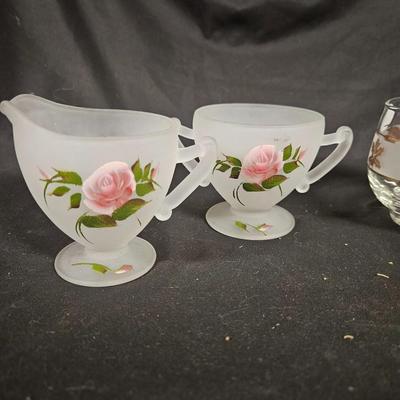 Lot of 4 Creamer & Sugars Including Hand Painted Depression Frosted Glass and Libbey Golden Foilage