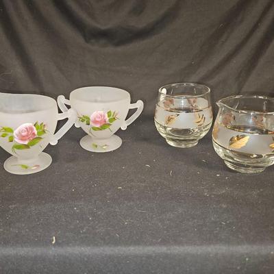 Lot of 4 Creamer & Sugars Including Hand Painted Depression Frosted Glass and Libbey Golden Foilage