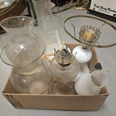 Box Lot of Vases, Oil Lamp and Hobnail Electric Lamp - As Is