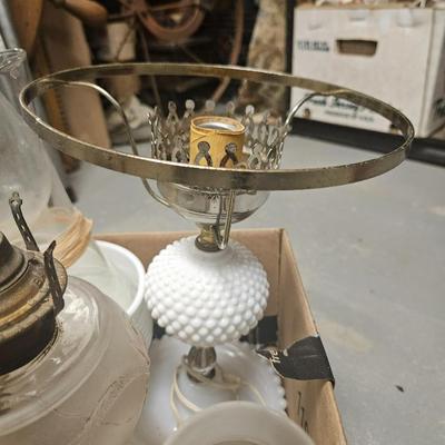 Box Lot of Vases, Oil Lamp and Hobnail Electric Lamp - As Is