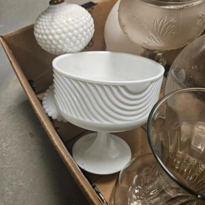 Box Lot of Vases, Oil Lamp and Hobnail Electric Lamp - As Is