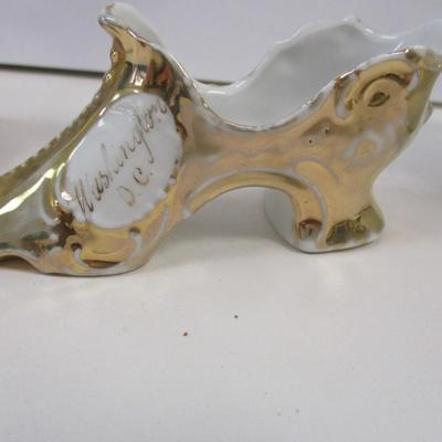 Vintage Lefton China Small Pitcher - Homer Laughlin Hudson Gravy Boat - White Gold Porcelain Victorian Shoe - White China Cup &...