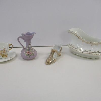 Vintage Lefton China Small Pitcher - Homer Laughlin Hudson Gravy Boat - White Gold Porcelain Victorian Shoe - White China Cup &...