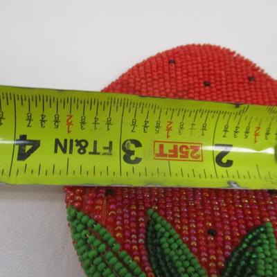 Handmade In Korea Vintage Strawberry Shaped Beaded Pouch Coin Purse Snap Opening 1950's