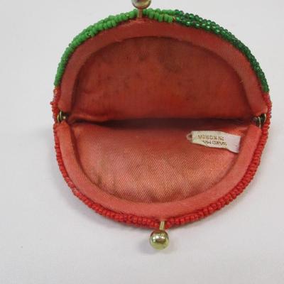 Handmade In Korea Vintage Strawberry Shaped Beaded Pouch Coin Purse Snap Opening 1950's