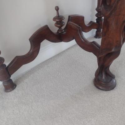 Vintage Hand Carved Mixed Wood Figural Post Half Moon Accent Table