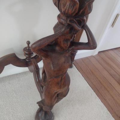 Vintage Hand Carved Mixed Wood Figural Post Half Moon Accent Table