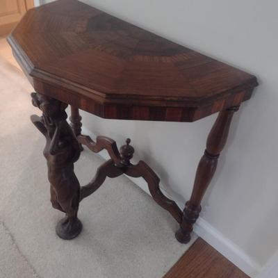 Vintage Hand Carved Mixed Wood Figural Post Half Moon Accent Table