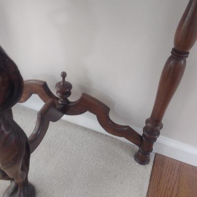 Vintage Hand Carved Mixed Wood Figural Post Half Moon Accent Table