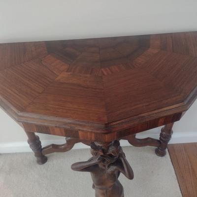 Vintage Hand Carved Mixed Wood Figural Post Half Moon Accent Table