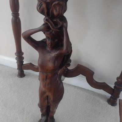Vintage Hand Carved Mixed Wood Figural Post Half Moon Accent Table