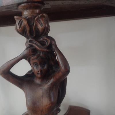 Vintage Hand Carved Mixed Wood Figural Post Half Moon Accent Table
