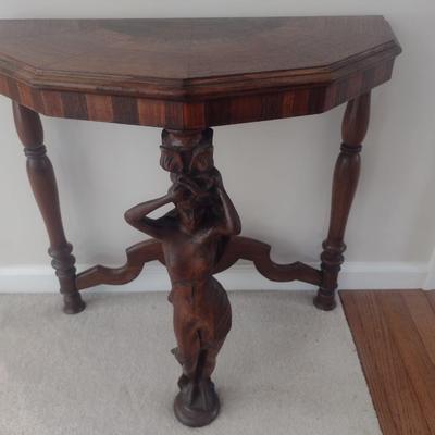 Vintage Hand Carved Mixed Wood Figural Post Half Moon Accent Table