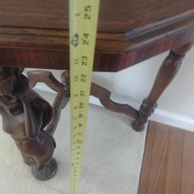 Vintage Hand Carved Mixed Wood Figural Post Half Moon Accent Table