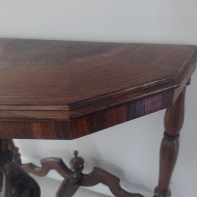 Vintage Hand Carved Mixed Wood Figural Post Half Moon Accent Table