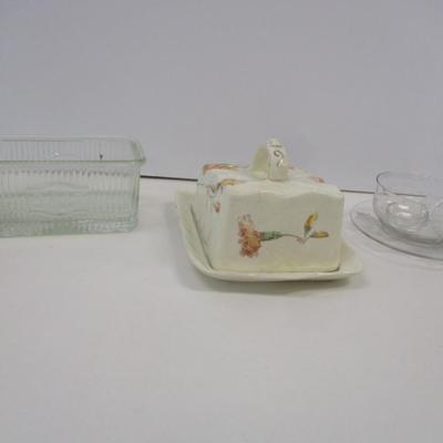 Butter Or Cheese Keeper Covered Dish - Vintage Ribbed Glass Cellar Clear Container - Etched Floral Glass Nut/Condiment 3 Piece Set