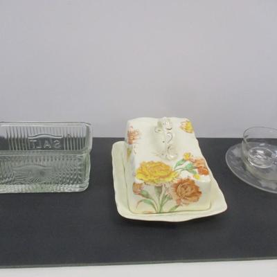 Butter Or Cheese Keeper Covered Dish - Vintage Ribbed Glass Cellar Clear Container - Etched Floral Glass Nut/Condiment 3 Piece Set