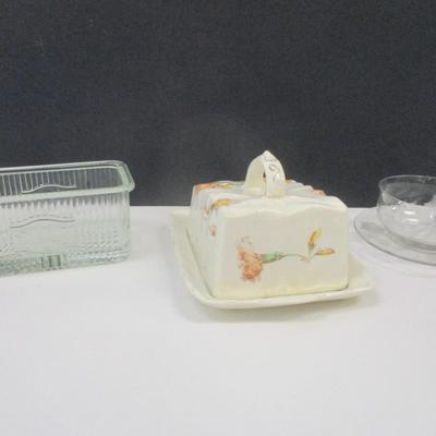 Butter Or Cheese Keeper Covered Dish - Vintage Ribbed Glass Cellar Clear Container - Etched Floral Glass Nut/Condiment 3 Piece Set