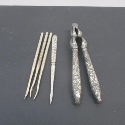 Victorian Silver Plated Double Nut Cracker Art Nouveau Engraved Handles & 4 Picks