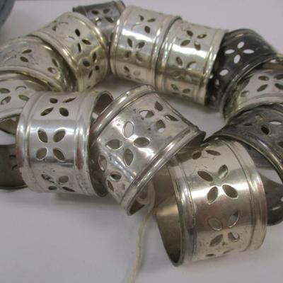 Silver Plated Oval Platter & Silver-Tone Punched Design Napkin Ring Holders Set Of Twelve
