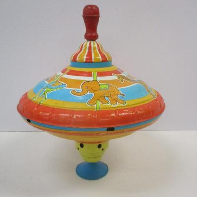 1960's Vintage Ohio Art Tin Toy Spinning Top 9" Carousel Merry Go Round