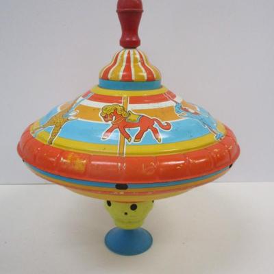 1960's Vintage Ohio Art Tin Toy Spinning Top 9" Carousel Merry Go Round