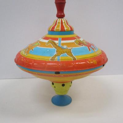 1960's Vintage Ohio Art Tin Toy Spinning Top 9" Carousel Merry Go Round