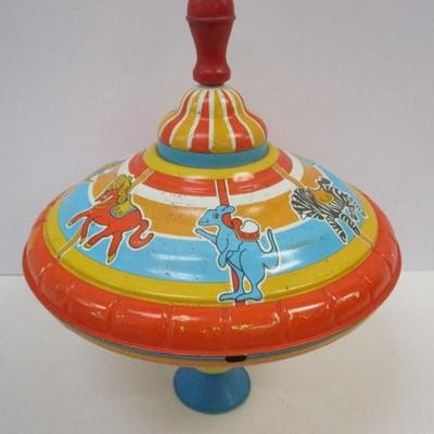 1960's Vintage Ohio Art Tin Toy Spinning Top 9" Carousel Merry Go Round