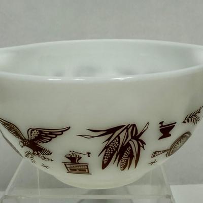 Sale Photo Thumbnail #29: White pyrex mixing bowl with brown Early American images.  Great condition.